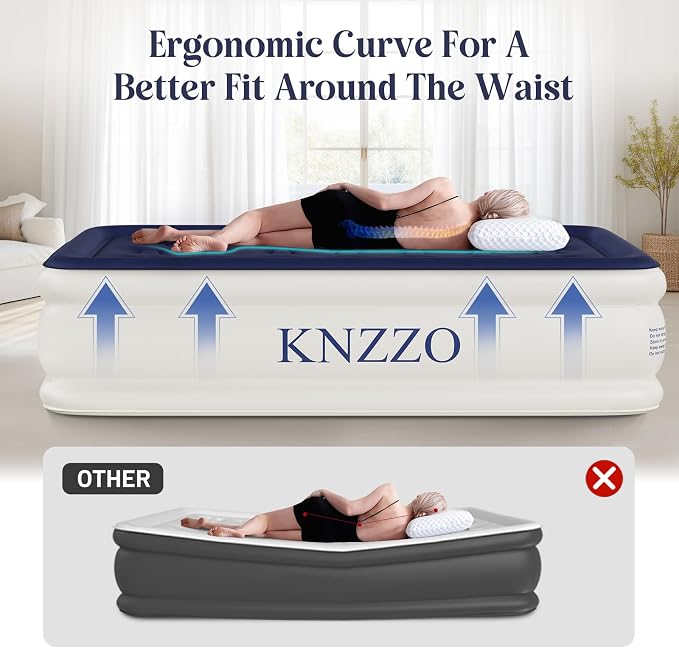 KNZZO Air Mattress Twin with Built-in Pump, Blow Up Mattress with Soft Flocked Top, Leakproof Inflatable Mattress, Foldable Waterproof Air Bed for Home, Guests, Camping, with Storage Bag