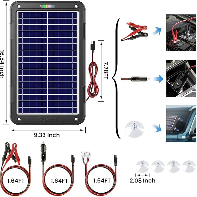 POWOXI 12V Solar Car Battery Charger: 12W Solar Panel Kit Battery Trickle Charger Maintainer with Smart PWM Controller for Car - RV Boat Marine Motorcycle - for Trailer Truck Snowmobile Tractor