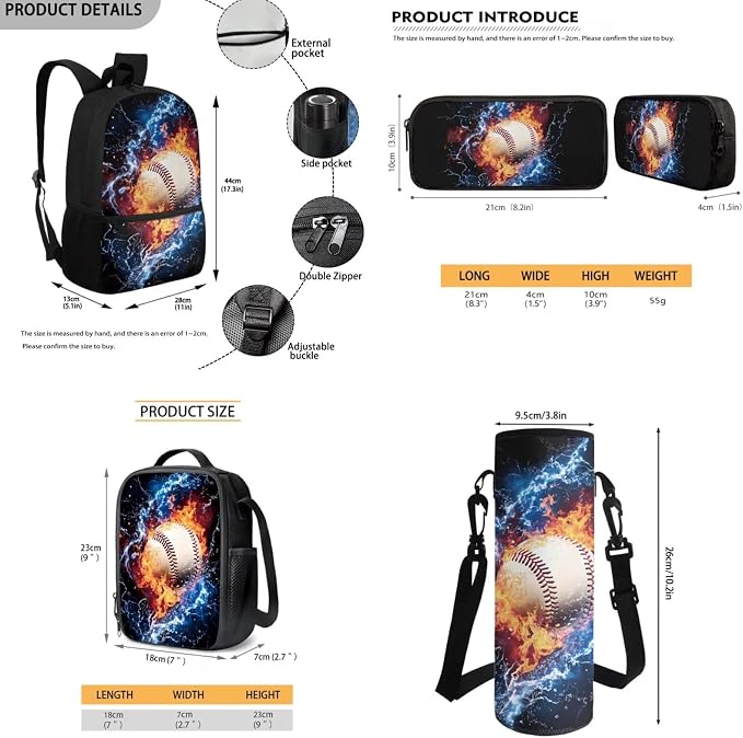 Baseball Backpack for Boys School Bag with Lunch Bag Pencil Case and Water Bottle Holder 4 PCS Girls Daypack Waterproof Bagpack Back to School Accessories