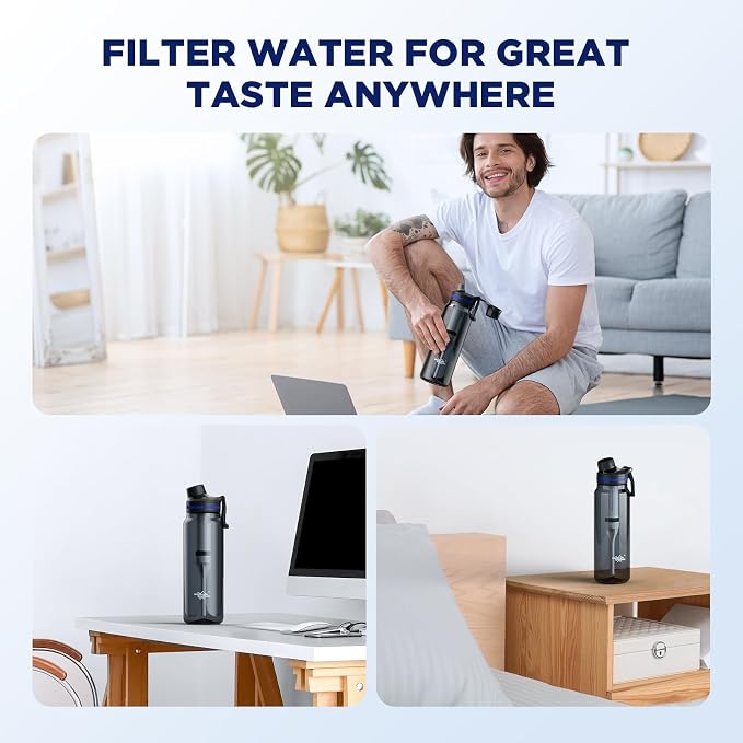 Membrane Solutions 36oz C3 ACF Filtered Water Bottle with 4 Packs Outdoor Water Filter Straw