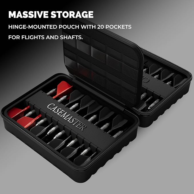 Casemaster Maxx 8 Dart Case, Holds 24 Steel Tip or Soft Tip Darts Fully Assembled, Hard Shell EVA Darts Case, 20 Accessory Pockets, Black