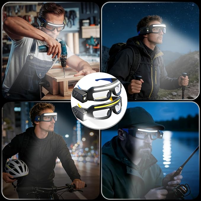 2Pack Rechargeable Headlight Glasses,Rechargeable Headlamp, 5 Modes Safety Glasses with Light,Waterproof Head Light for Running, Cycling, Camping,Night Work