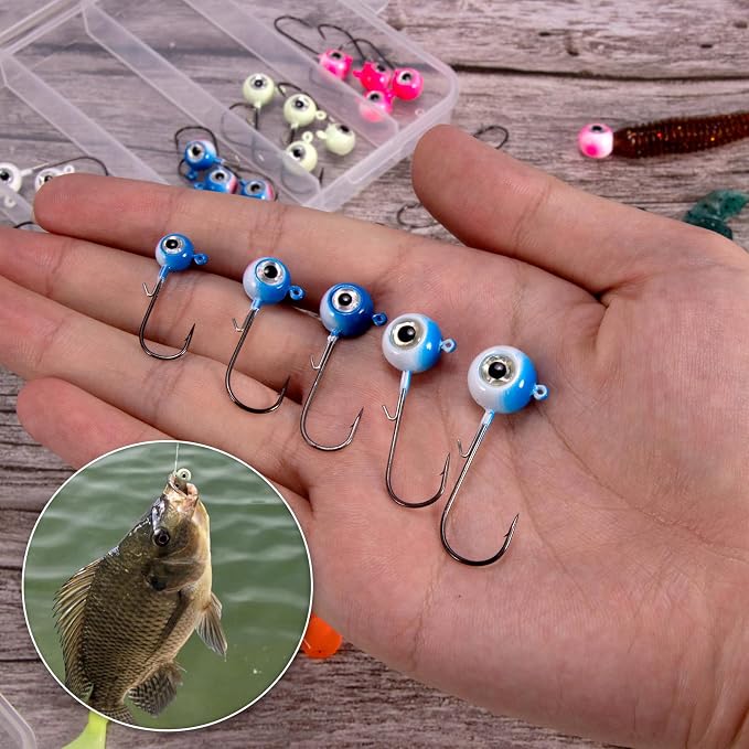 Alownder 20-Pack Fishing Walleye Jig Heads with 3D Holographic Eyes, Round Jig Heads Saltwater Freshwater Walleye jigs Live Bait jigs Bass Trout Panfish Striper Pompano Lures Hooks