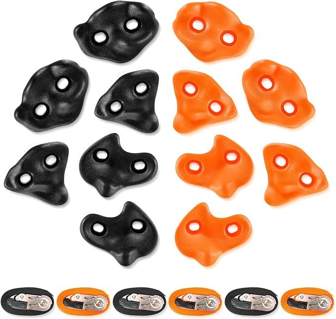 TOPNEW 12 Ninja Tree Climbing Holds for Kids Climber, Orange & Black Tree Climbing Kit with 6 Ratchet Straps for Outdoor Ninja Warrior Obstacle Course Training