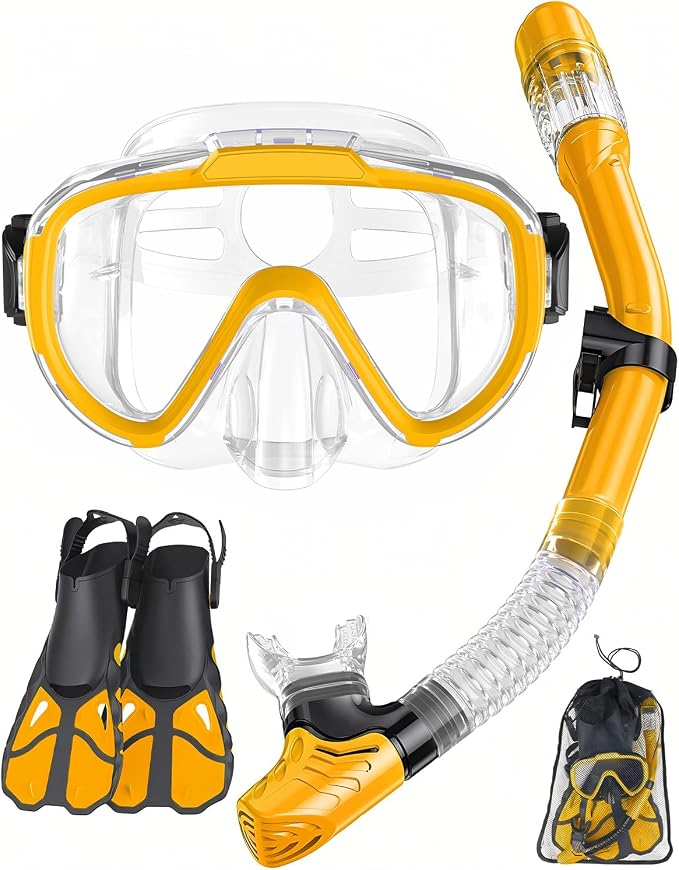 Snorkel Set with Fins for Adults, Snorkeling Gear for Adults Men and Women, Snorkle, Mask Set Adults Dry Top Snorkel Mask Combo Set with Travel Bag for Snorkeling, Diving, Swimming