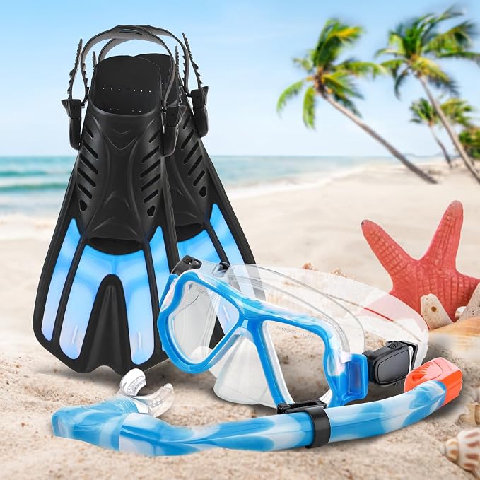 Snorkeling Gear for Kids, 4 in 1 Child Mask Fins Snorkel Set with Panoramic View Anti Fog Mask, Dry Top Snorkel, Trek Fins and Travel Bag, Kids Snorkeling Set with Fins for Snorkeling Swimming