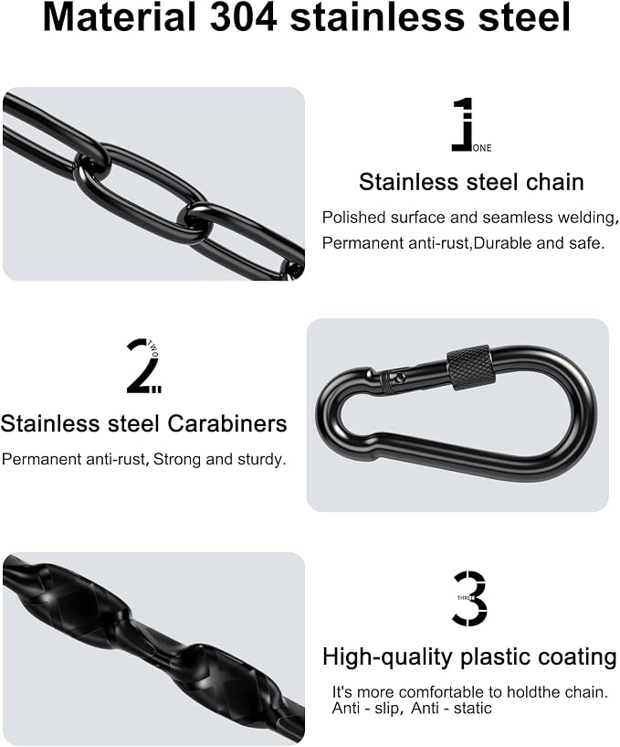 Stainless Steel Link Chain 64inch 304 Permanent Rust Chain 2 Pack with 4 Spring Snap Hooks, 1000LB Load Bearing Metal Chain Heavy Duty Safety Chain for Swing, Yoga, Hammock, sandbag Suspension