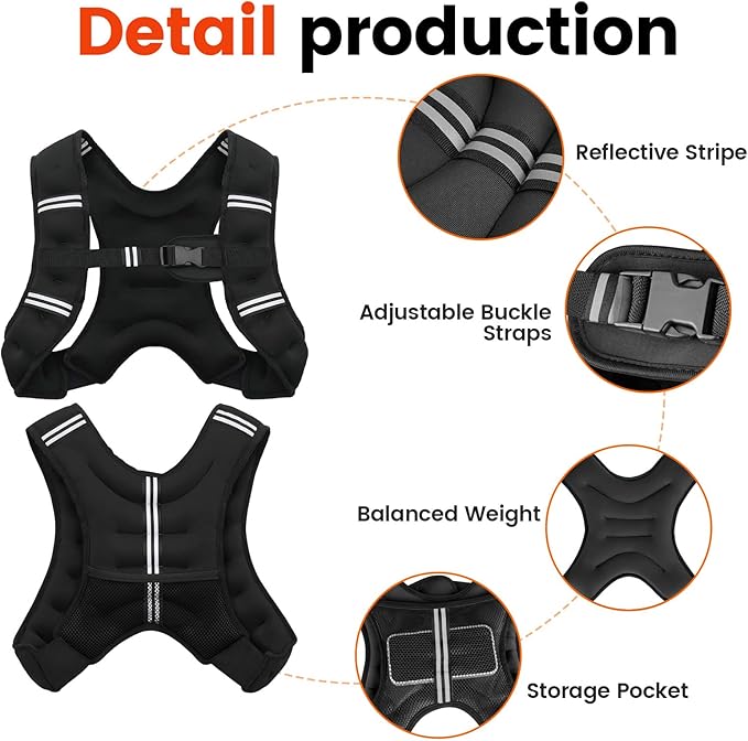 Poudee Weighted Vest, 6lb/8lb/10lb/12lb/16lb/20lb/25lb/30lb Weight Vest for Men Women, Body Weight Vests Adjustable with Reflective Stripe for Strength Training, Running, Workout, Jogging, Walking