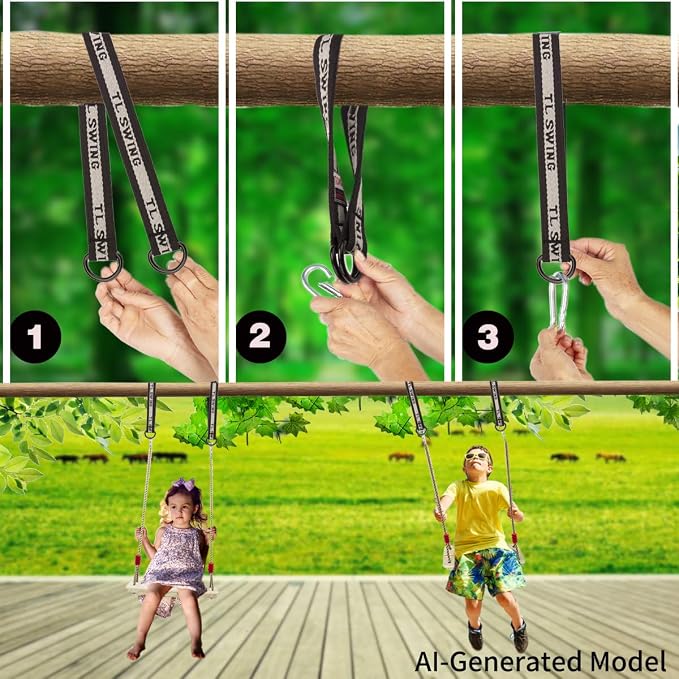 Wooden Swing Seat, Nostalgic Outdoor Wood Swing for Kids Adults, Tree Straps Set Accessories for Backyard Patio Garden Playground, Height Adjustable (Beige)
