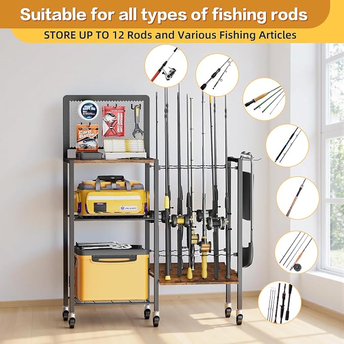 Olakee Fishing Rod Holders, Rolling Fishing Rod Rack for Garage & Boat, Tackle Box & Reel Holder Cart, Easy Assembly Fishing Gear Management System, Ideal Birthday Gift for Men Dad Anglers