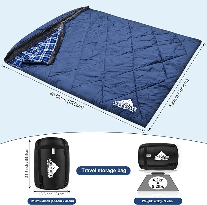 Cotton Flannel Double Sleeping Bag with Fleece Lined Hood, Waterproof Queen Size 2 Person Sleeping Bag for Adults Cold Weather Camping Backpacking or Hiking, 3-4season