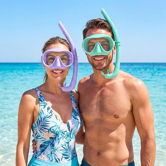 Snorkeling Gear for Adults, Snorkel Set Adult, Scuba Diving Mask, Panoramic View Anti-Leak Anti-Fog Dive Swimming Goggles Tempered Glass Panoramic Wide View Travel Portable Foldable