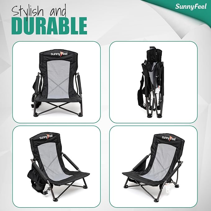 SUNNYFEEL Low Beach Chair 2 Pack, High Back Folding Beach Chairs for Adults with Cup Holder & Side Pocket, Lightweight Backpack Sand Chair Portable for Beach Camping Concert Lawn