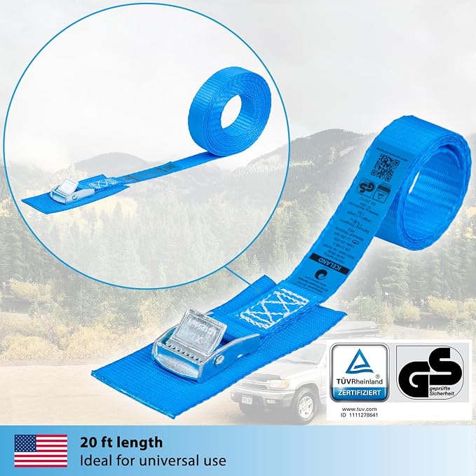 valonic Iceland - tie Down Straps with Protection pad, 4 Pieces, 20 ft x 1 inch, 1100lbs, cam Buckle, TÜV Rheinl. Certified, Blue, Lashing Straps for roof Rack, Kayak, Bike, car