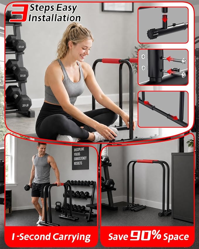 Dip Bar Station, 1100LBS Heavy-Duty Adjustable Height & Width Parallel Bars with Dual Inner Connectors ltra-Stable Settings & Non-Slip Feet for Home Gyms, Upper Body & Core Training