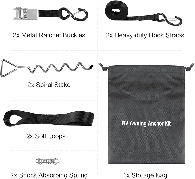 RV Awning Tie Down Kit for Wind-Proof - WanDwel Heavy Duty Camper Anchors Canopy Support Part with Shock Absorbing Spring & 13ft Ratchet Straps for Outdoor Travel Trailer Accessories Set