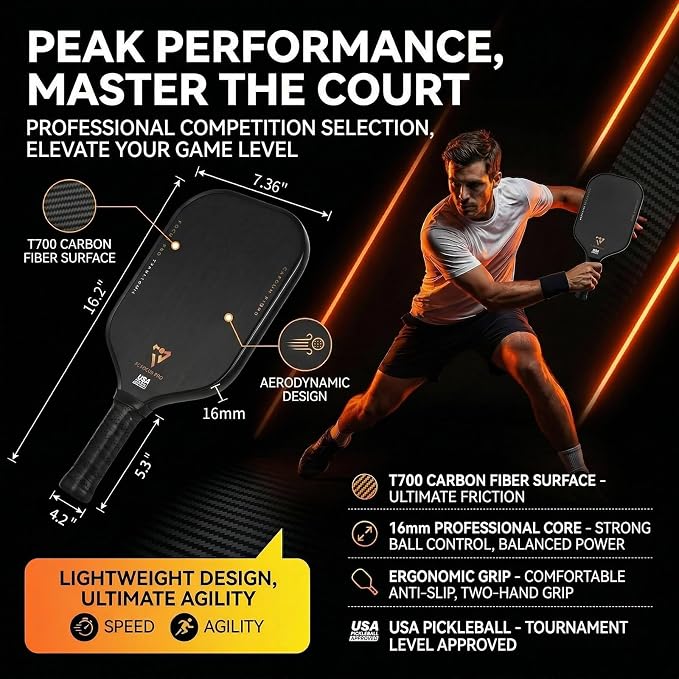 T700 Carbon Fiber Pickleball Paddle, Pickleball Set 16mm Pickle Ball Rackets with CMS Matte Surface Lightweight Honeycomb Core & Durable Edge Frame Larger Sweet Spot