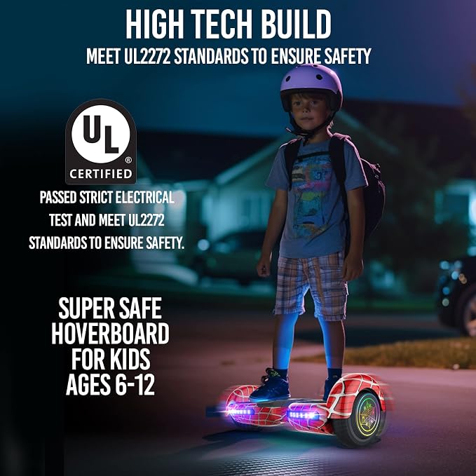 Spider-Pattern Hover Board for Kids Ages 6-12, with Bluetooth Speaker and LED Lights 6.5" Hover Board, UL2272 Safety Certified (Red)