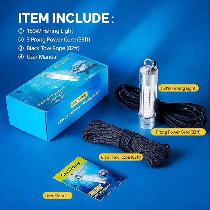150W 20000LM Green Underwater Fishing Light,Submersible LED Light with Tow Rope for Dock Boat Shore Night Fishing,Fresh & Salt Water Fish Attractor Light 33ft Cable