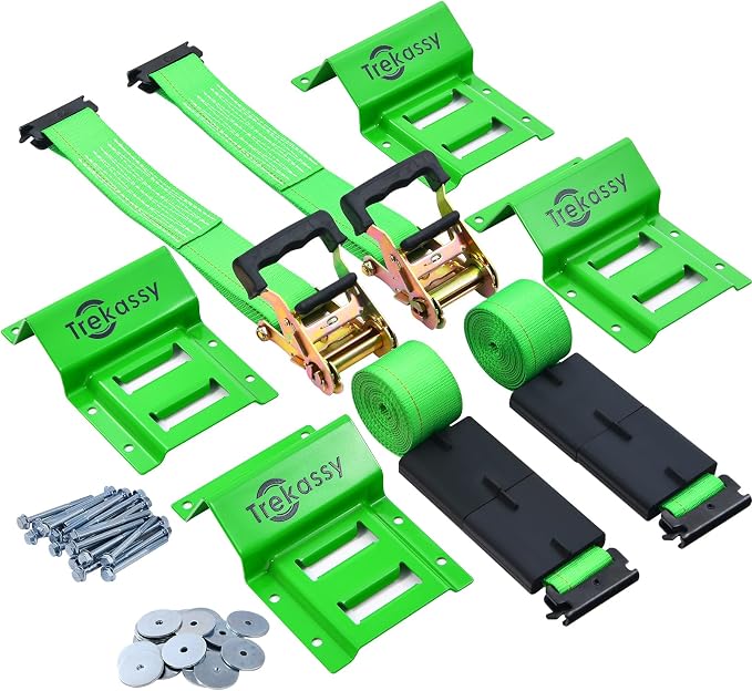 Trekassy Wheel Chock Tie-Down Kit with Rubber Blocks, (4,500lb Break Strength) Heavy Duty E Track Trailer Tire Straps for ATV, UTV, Lawn Mower- 2 Pack