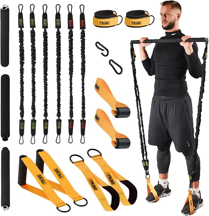 Tube Resistance Bands for Working Out Men and Women - 180lb Exercise Bands Set with Handles, Resistance Band Bar, Ankle Straps, Foot Straps, Door Anchor for Home Gym Strength