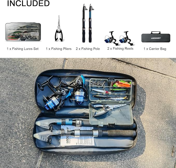 2 Pack 2.1m/6.89ft Telescopic Spinning Fishing Rod Reel Combos with Carrier Bag, Lures, Pliers for Saltwater Freshwater Fishing