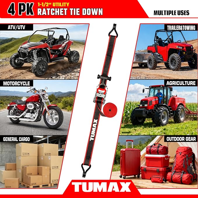 4 PK Universal Ratchet Straps Heavy Duty, 1.5" x 16 FT Tie Down Straps with Double J Hooks, 3300 lbs Break Strength, Ergonomic T-Handle & Ammo Box for Trailer, Truck, Motorcycle, ATV, UTV, Boat