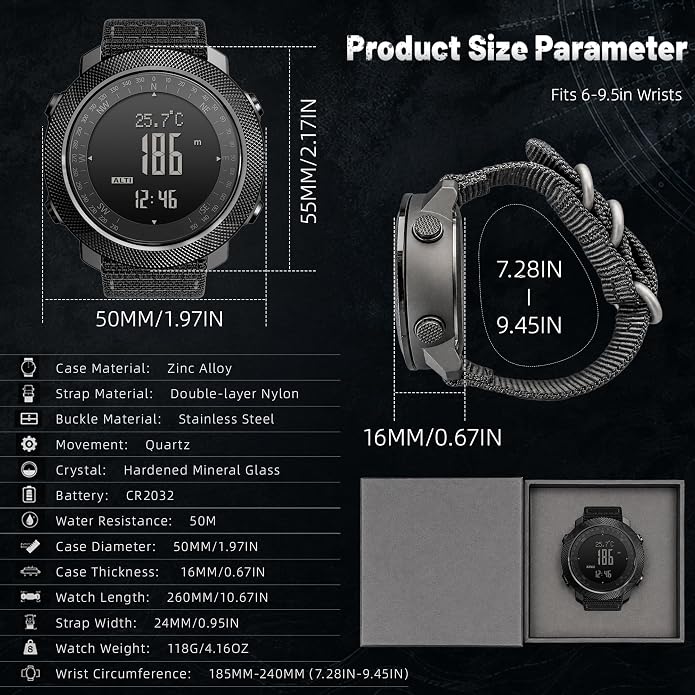 CakCity Digital Watch Military Tactical Watches for Men, 50mm Large Face Zinc Alloy Case with Breathable Double-Layer Nylon Strap, 5ATM Waterproof Shockproof, Altimeter, Barometer, Thermometer, Dual Time, Compass, Alarm, Stopwatch, Countdown