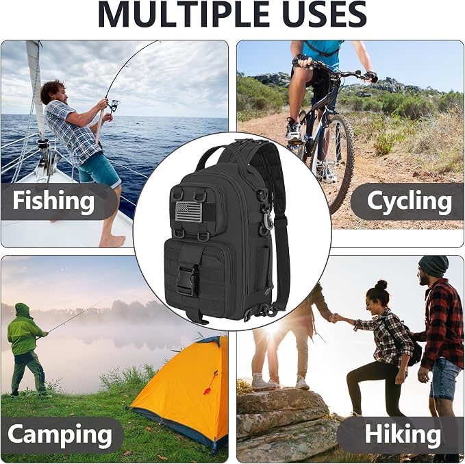 GMAK Fishing Backpack Tackle Sling Bag, Tactical Fishing Tackle Backpack with Rod & Gear Holder, Lightweight Outdoor Water-Resistant Tackle Gear Pack Shoulder Bags for Men Women, Black
