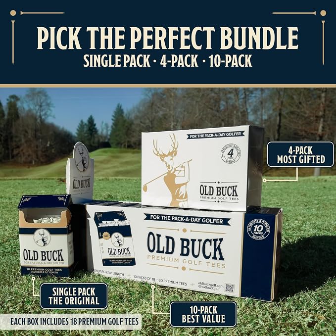 Old Buck 2 3/4" Bamboo Golf Tees, Premium Wooden Driver Tees in Cigarette-Style Carton — 18 Tees — Novelty Golf Gift for Men, Dad & Groomsmen