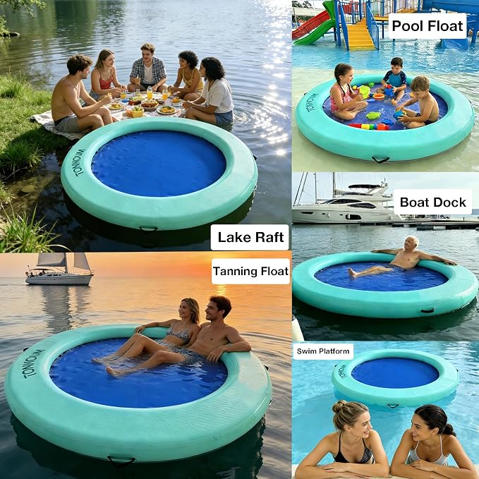 Water Hammock Inflatable Dock, 3.8ft/6ft/8ft Floating Raft Circular Water Island, Float Rings Air Mesh Platform for Lake/River/Swim Pool