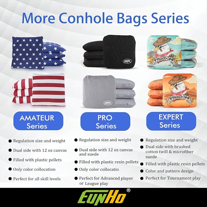 EunHo Regulation Cornhole Bags Set of 8 - Dual Sided Slick and Stick Cornhole Bean Bags for Tossing Game Professional All Weather Pro Corn Hole Bags with Tote Bag