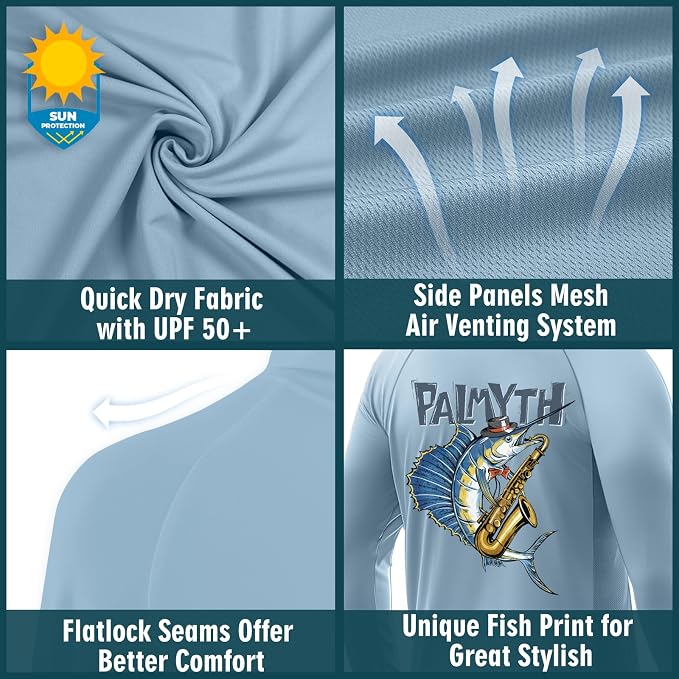 Palmyth Fishing Hoodie for Men Long Sleeve Sun Protection UV UPF 50+ Shirts | Hidden Zipper Pocket, Thumb Loops, Quick-Dry, Side Mesh Panels, Lens Cleaning Cloth, 4-Way Stretch
