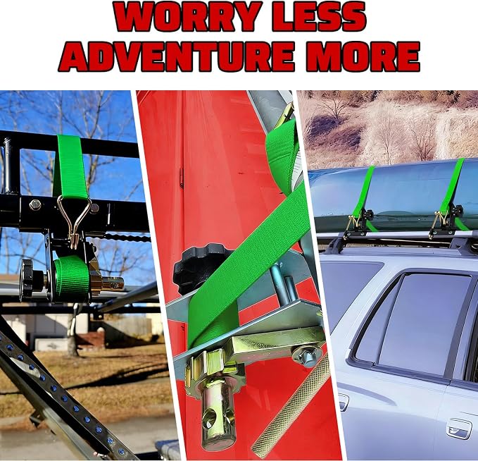 Green Rack Straps with J-Hook (2PK),1.5" x7.5' Ladder Rack Ratchet Straps, 2" Round Tube Mount, Perfect Ladder Rack Tie-Downs for Trailer Cargo Control