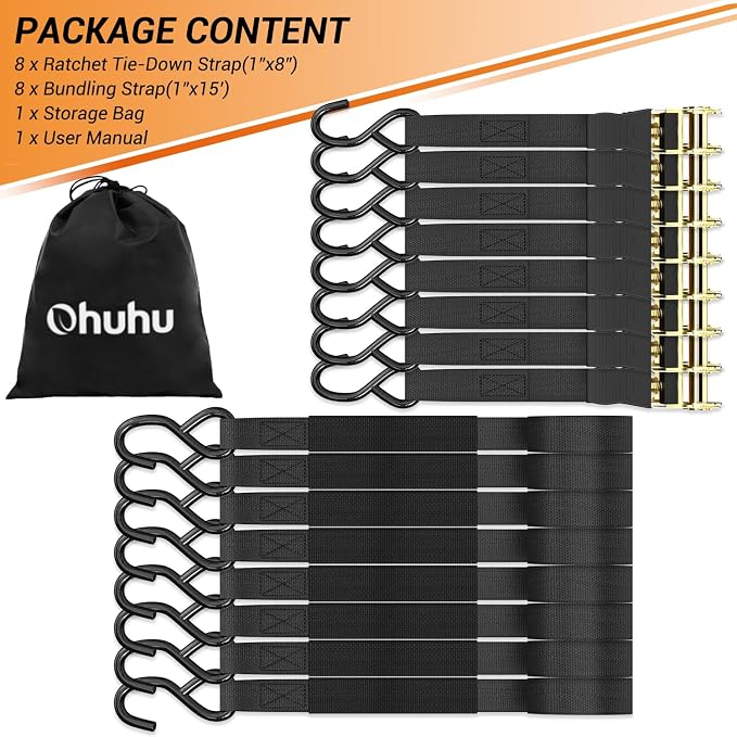 Ratchet Tie Down Strap 8-Pack 15 Ft - 500 lbs Load Cap with 1500 lbs Breaking Limit, Ohuhu Ratchet Tie Downs Logistic Cargo Straps for Moving Appliances, Motorcycle, Black