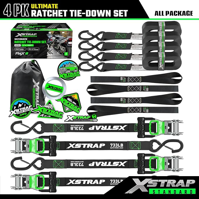 XSTRAP STANDARD 4PK Motorcycle Ratchet Straps, 1" x 15ft, 2,200 lbs Break Strength Tie Down Straps with Safety Lock S-Hooks, Soft Loop Straps and Stickers for Trucks, Cargo, Moving (Black)