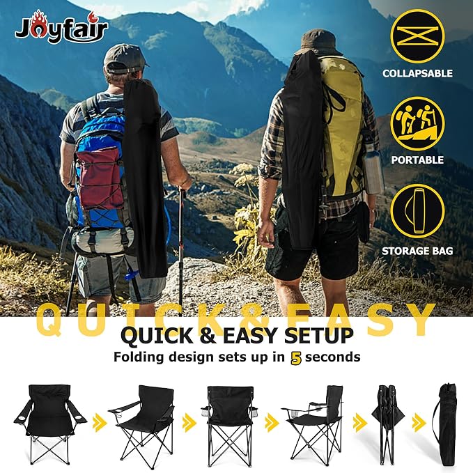 Joyfair Portable Camping Chair, Outdoor Lawn Folding Chairs for Adults, Heavy Duty Large Foldable Chairs for Beach, Fishing, Tailgating and More Outdoor Sport, Carry Bag & Cup Holder