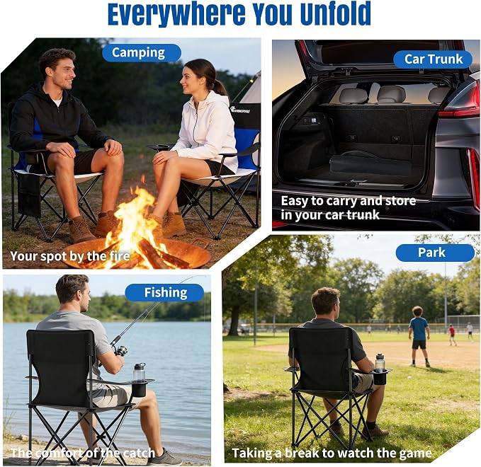 Oversized Camping Chair, 500 LBS High Back Lawn Chairs Folding (Black Blue) | Portable Outdoor Heavy Duty Folding Camping Chairs for Adults, with Cup Holder for Picnic, Lawn, Beach, Fishing and Sports