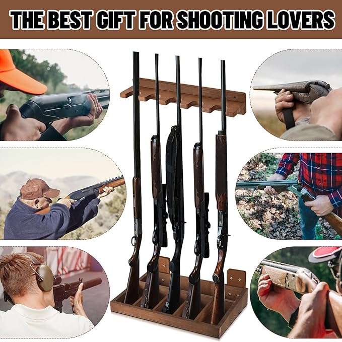 GlikCeil 1 Set Wooden Vertical Gun Rack Wall Mount Indoor Hold up to 5 Long Guns Shotguns Rifle Racks Display Holder Stand for Firearms Display Storage Home Accessories Office