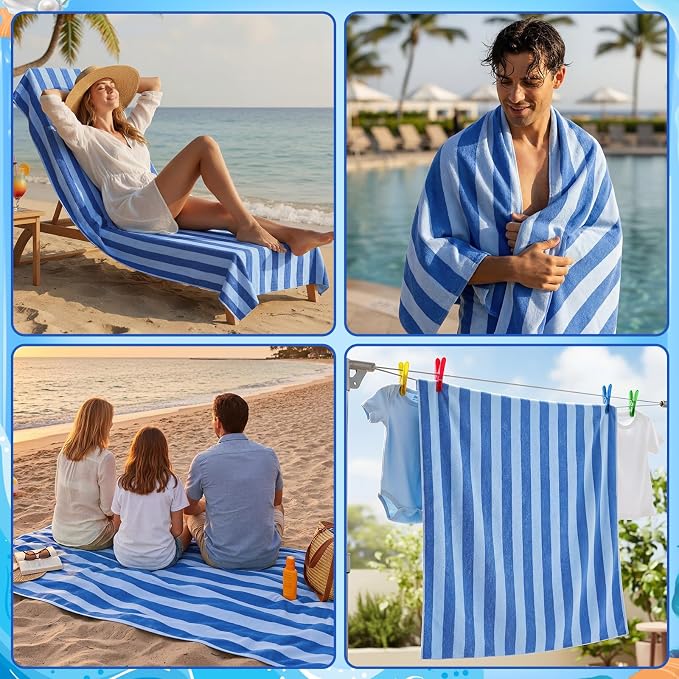 Gilprop 4 Packs Oversized Stripe Beach Towels XL L Microfiber Clearance Pool Towels with Bags Clips Soft Absorbent Quick Dry Camping Swim Towel for Adult Women Men Travel Family (72×36 in,Blue)