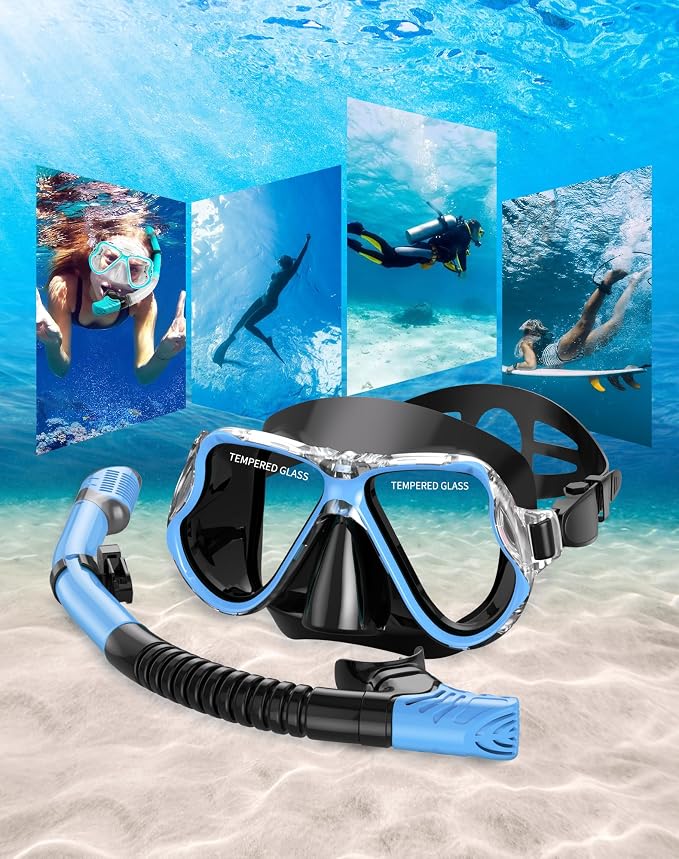 Greatever Dry Snorkel Set,Panoramic Wide View Anti-Fog Scuba Diving Mask,Professional Snorkeling Gear for Adults Kids