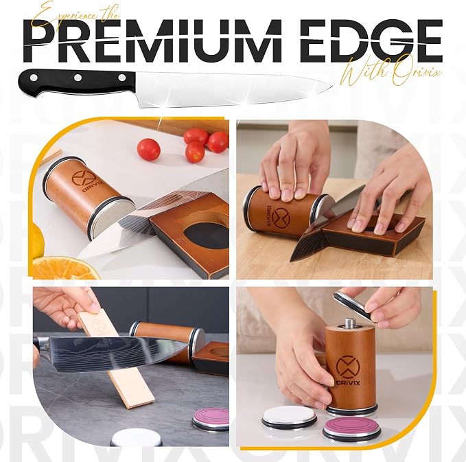 Rolling Knife Sharpener Kit โ Magnetic 4-Angle Base, 3.86 Inches Longer Wooden Roller, 4 Grit Discs (1000/400 Diamond & 3000 Maroon / 6000 White Ceramic) and Leather Strop