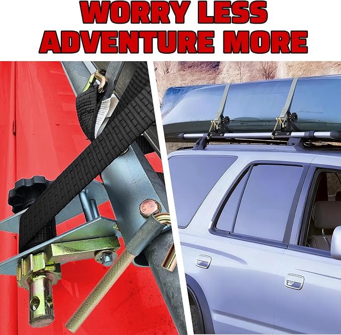 Rack Straps with J-Hook (2PK),1.5" x7.5' Ladder Rack Ratchet Straps, 2" Round Tube Mount, Perfect Ladder Rack Tie-Downs for Trailer Cargo Control