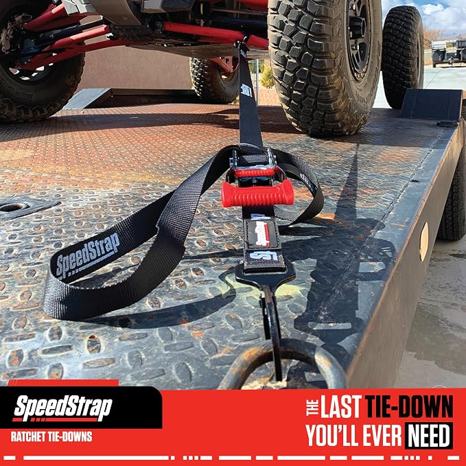 SpeedStrap 1.5" x 10' Ratchet Tie-Down with Soft-Tie. Ideal for Camping, Cargo Management, Overlanding, Off-Road, Securing UTV's, Side-by-Side (SxS) Vehicles - Black (2 Pack)