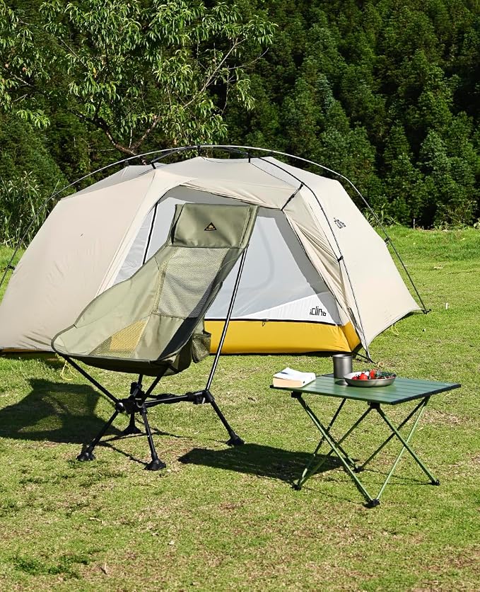 iClimb Ultralight Compact Camping Folding Beach Chair with Anti-Sinking Large Feet (Green - Triangular Frame High Back)