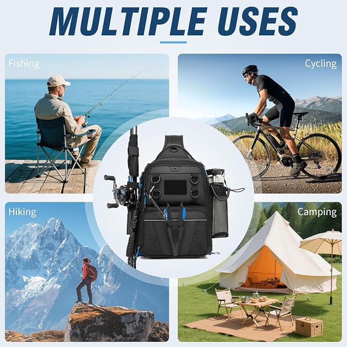 Fishing Bag, Convertible Fishing Tackle Sling Bag with Rod & Beverage Holder, Anti-theft Crossbody Shoulder Bag, Fish Gifts for Men Women, Black