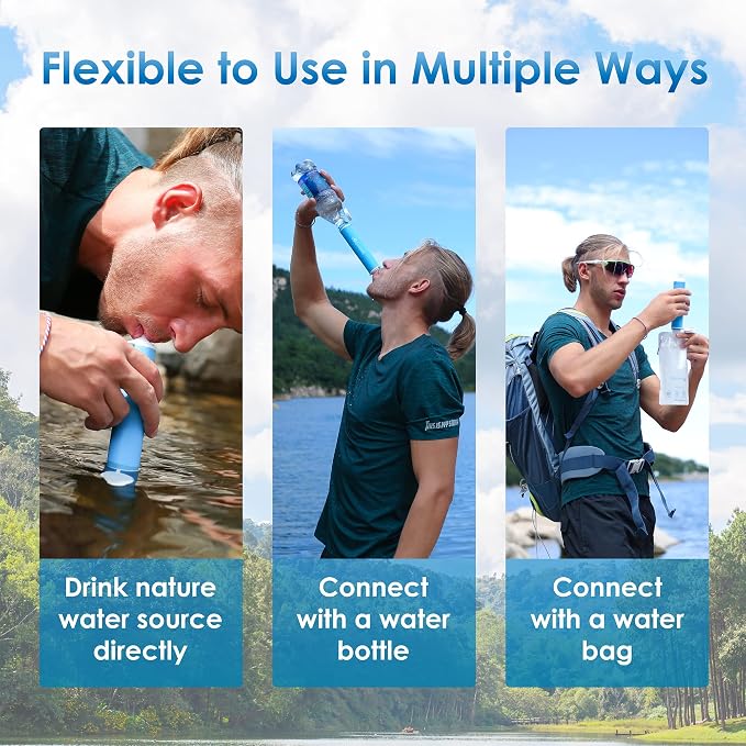 Waterdrop Water Filter Straw 3 Pack with Gravity Water Bag, Gravity Water Filtration System, Water Purifier Survival for Travel, Backpacking, 1.5 gal Bag, 0.1 Micron, 5 Stage Filtration