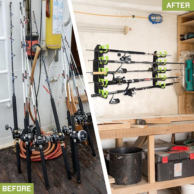 Hikeen Fishing Rod Holders, Fishing Pole Holders for Garage, Wall or Ceiling Mounted Fishing Rod Rack Holds Up to 10 Rods(1 Pack)