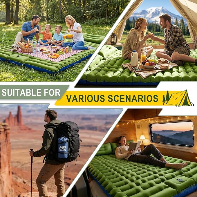 Myxslop Double Sleeping Pad for Camping, 4" Extra-Thick 2 Person Inflatable Camping Mattress with Built-in Pillow & Foot Pump, Compact Sleeping Mat for Outdoor Tent, Backpacking, Hiking and Car Travel