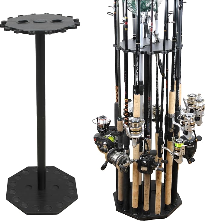 Rush Creek Creations 16-Rod Round Fishing Rod Holder for Garage, 360° Access Fishing Pole Holder for Fishing Rods, Reels, Gear, and Accessories, Securely Holds 16 Rods, Gray